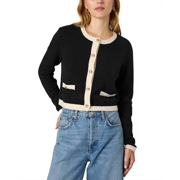 NEW FRENCH CONNECTION vhari contrast trim cardigan in black/classic cream - Picture 1 of 6